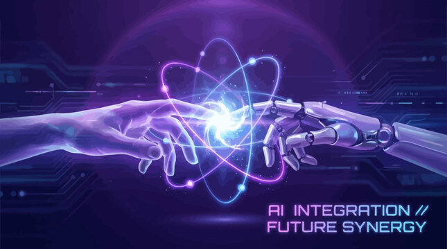 Human Hand Touching Robotic Hand With Glowing Atom For AI Integration Concepts