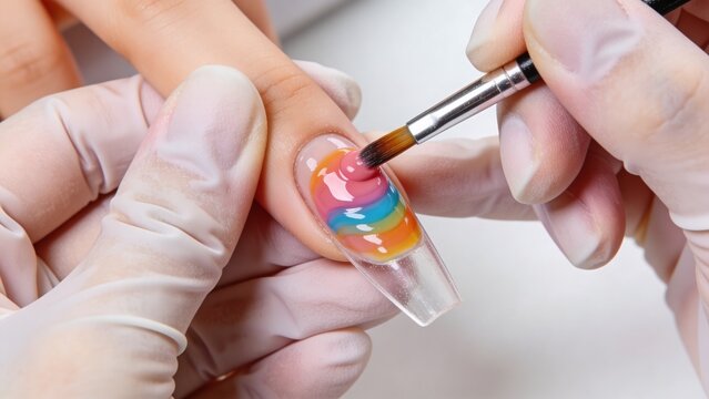 Professional nail artist applying colorful gel polish onto transparent acrylic nail extension closeup manicure process beauty salon technique rainbow nail art glossy finish cosmetic procedure hands we