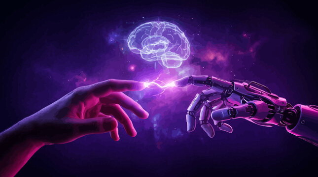Human Hand Touching Robotic Hand Under Glowing Brain For Artificial Intelligence Concepts