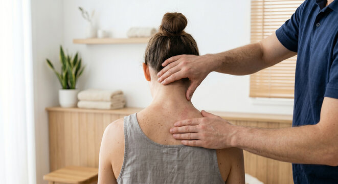 Faceless physiotherapist treating neck and shoulder of patient in clinic