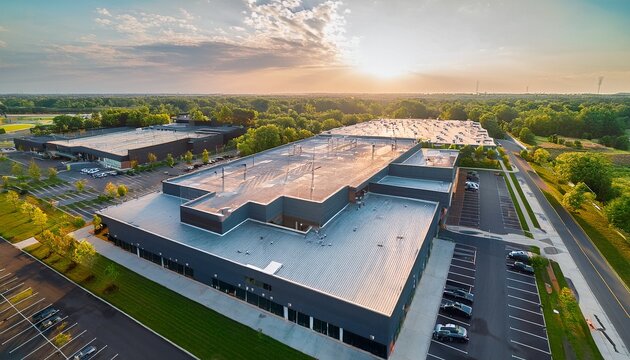aerial view of a commercial flex space building and large parking lot in a suburban office park