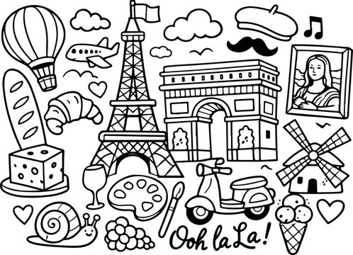 france paris cartoon outline hand drawn Line Art illustration doodle art coloring page for kids