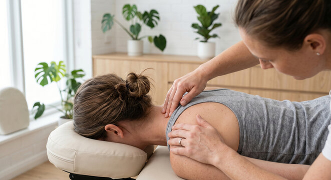 Faceless physiotherapist massaging upper back of female patient on table