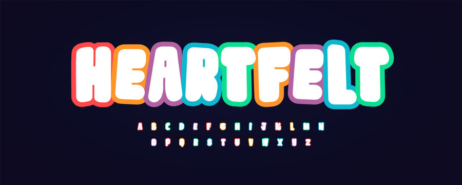 Colour Outline Font Bold Rainbow Fun Alphabet Kid Letter Set Playful Typography. Creative Art typographic Design for Bright Colorful Text, Kids Happy Birthday Title. Cartoon Fonts. Vector Typeface