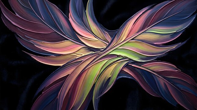 Colorful abstract feather pattern on dark background