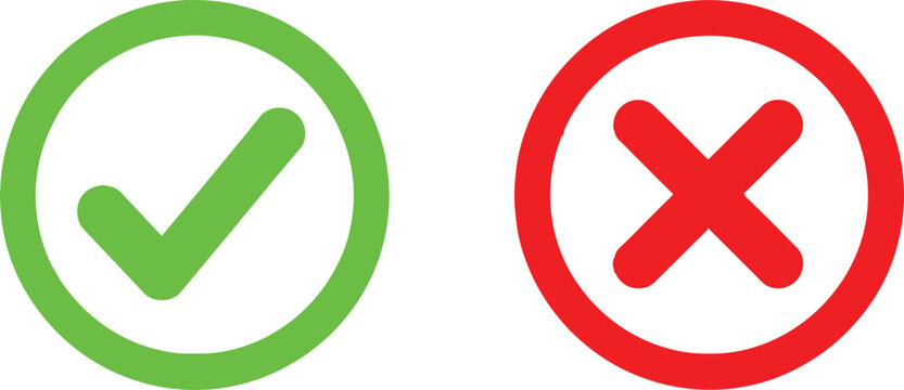 Green check mark and red cross sign icons for true or false choice selection Vector