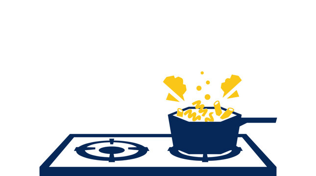 A graphic illustration of popcorn popping in a blue pot on a stovetop, with yellow kernels bursting out.