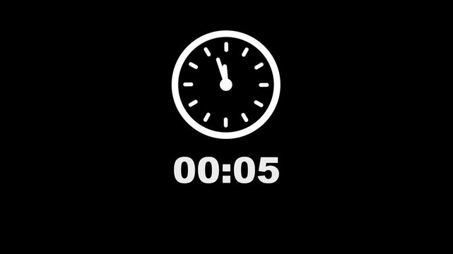 5 minute counting clock animation. Stopwatch timer clock on black background.