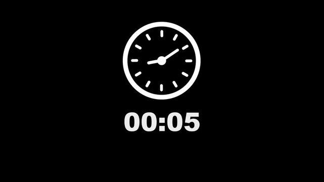 7 minute counting clock animation. Stopwatch timer clock on black background.