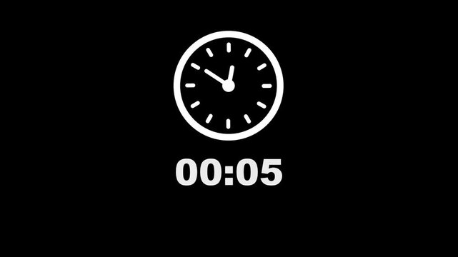 10 minute counting clock animation. Stopwatch timer clock on black background.