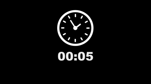 9 minute counting clock animation. Stopwatch timer clock on black background.