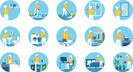 Fototapeta premium Household Chore Icon Collection with Cleaning Laundry Ironing Cooking Dishwashing Recycling Window Washing Desk Work Bed Making and Plant Care for Home Life and Domestic Task Designs.