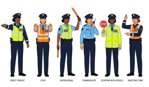 Female traffic police officers directing vehicles vector illustration set isolated on white background