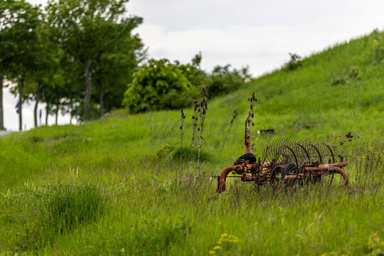 Ein alter Heuwender rostet im Gras vergessen