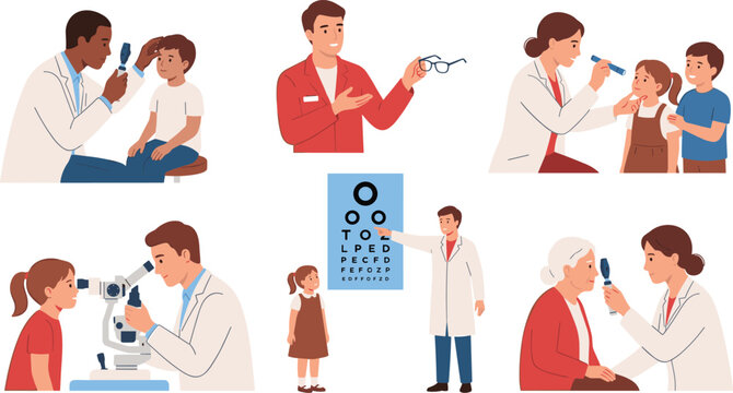 Eye Care and Optometry Collection with Doctors Performing Eye Exams on Children and Adults Using Ophthalmoscopes Charts and Microscopes for Healthcare and Vision Designs.