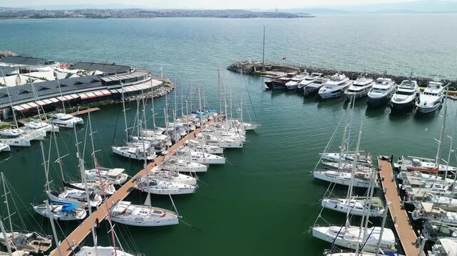 Istanbul Viaport Marina, Boats and sailboats berthed at marina drone flight