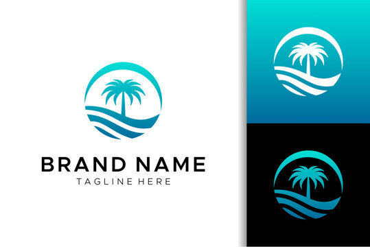 Tropical Palm Tree Island and Ocean Waves Logo Design for Vacation Resort or Travel Agency Brand Identity