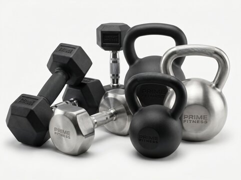 A clustered arrangement of various free weights, including black hex dumbbells, chrome dumbbells, and cast iron kettlebells, set against a white background.