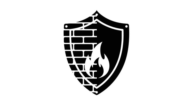 Shield with flame and brick wall.