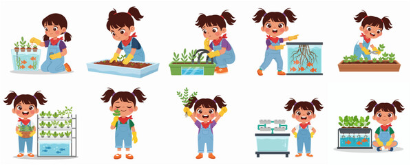 Fototapeta premium Cute little girl gardening with hydroponic and aquaponic systems set, sustainable indoor farming cartoon illustration