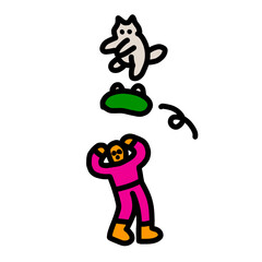 Fototapeta premium Edgy character dodging flying white cat and green object