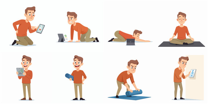 Vector illustration of a man performing yoga poses and exercises for back pain relief, spinal rehabilitation, and improving posture using digital tablets for guidance.
