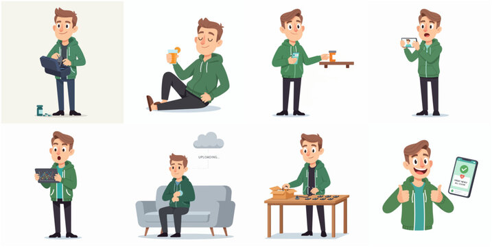 Cartoon Man Character Using Digital Health Technology and Medical Monitoring Devices Set