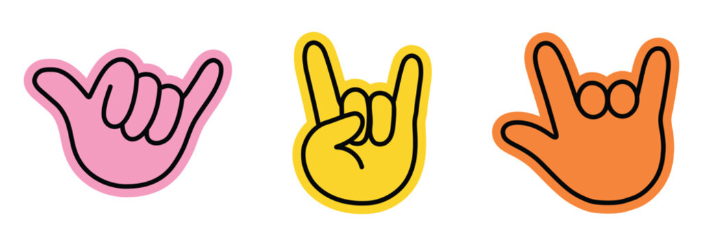 Set of colorful hand gesture icons showing shaka rock and love signs