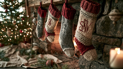 Obraz premium Handmade knitted Christmas stockings brighten a cozy fireplace setting