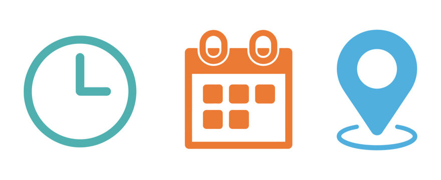 Calendar Clock and Location Pin Icons Vector Illustration, Date Time and Place Notification Symbols for Mobile Apps, Websites, and Digital Interface Design.