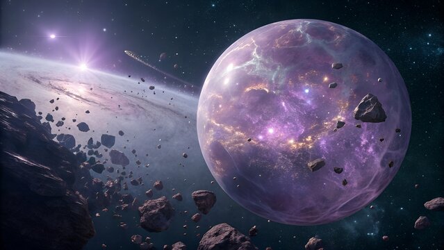 Large purple planet with asteroids and debris in space scene