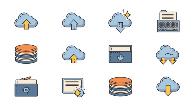Cloud computing data storage icons set.