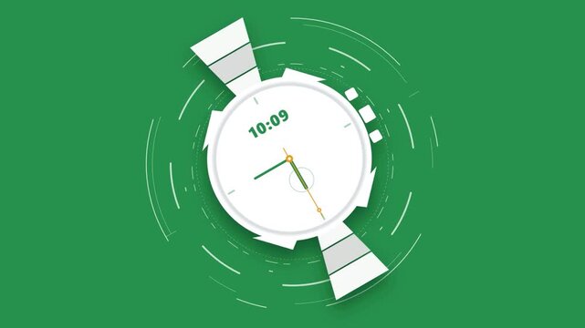 Animated smartwatch, white watch face, green background, digital clock, modern timepiece HD animation
