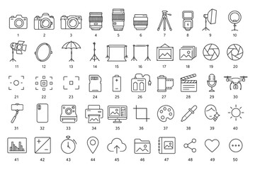 Fototapeta premium Photography equipment icons featuring cameras, lenses, lighting, and accessories.