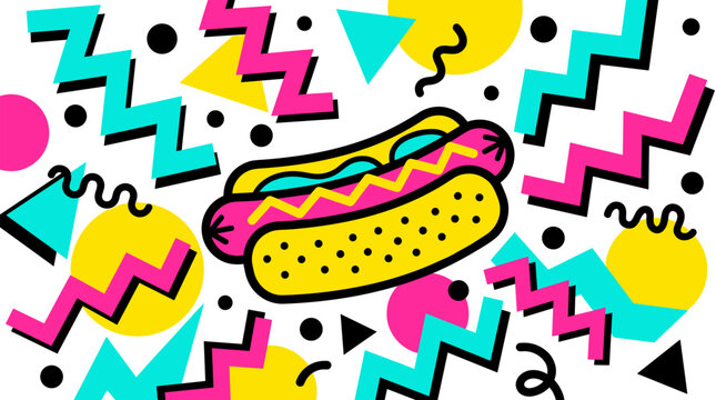 Vibrant 90s-style graphic illustration of a hot dog with mustard and relish, surrounded by colorful geometric shapes and squiggles on a white background, evoking a retro pop art aesthetic.