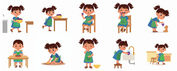 Fototapeta premium Cute Little Girl Character Set Washing and Eating Healthy Grapes and Daily Routine Activities Illustration