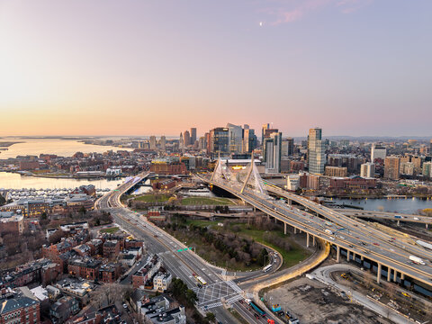 Boston skyline and Zakim Bridge from above at sunrise