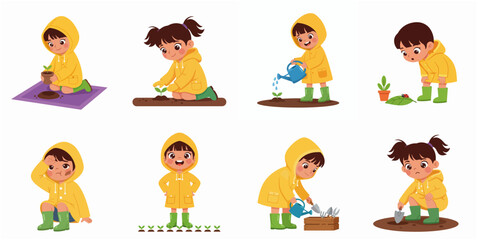 Cute little girl character set gardening in yellow raincoat and boots planting and watering plants © Peony02