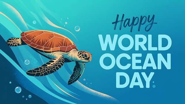 Sea turtle swimming in blue ocean water with happy world ocean day text