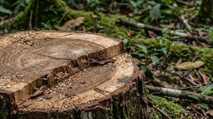 Fototapeta premium Cut Tree Stump With Visible Growth Rings in Forest
