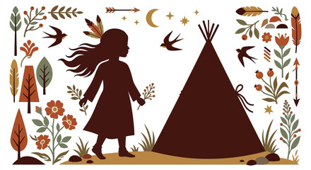 native american girl and teepee silhouette with floral elements © farhan