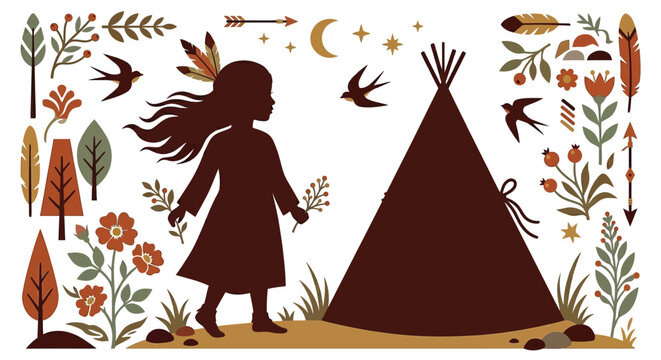 native american girl and teepee silhouette with floral elements