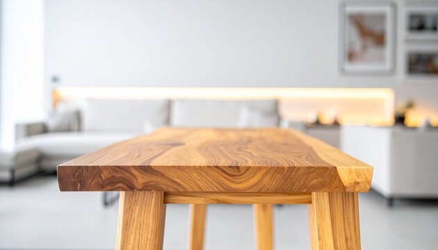 Close-up polished wooden table with natural grain patterns, blurred modern living room background featuring sofa, ambient wall lighting, and framed artwork.