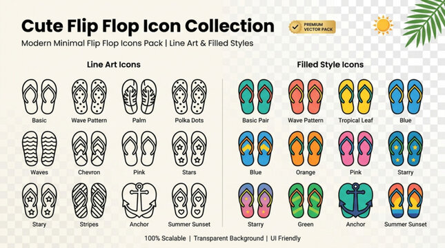 Cute flip flop icon collection with line art and filled styles on transparent background for summer design