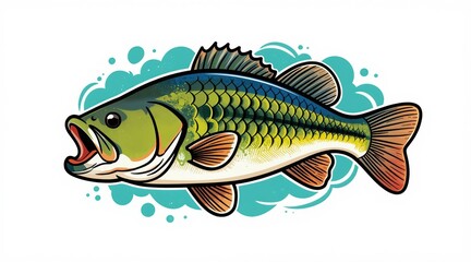 Fototapeta premium Lively bass fish visual art swims in water splash. This illustration ideal for fishing apparel logos, t-shirt prints, and aquatic sport designs.