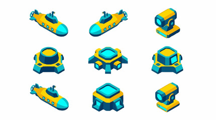 Collection of isometric submarines and futuristic military turrets on a white background. © Bunga