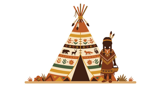 native american teepee and girl illustrated vector style