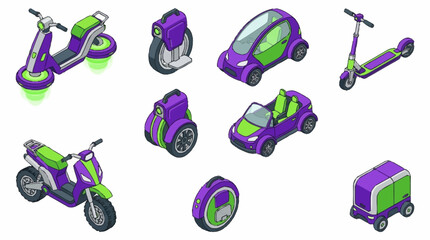 Collection of futuristic electric vehicles including scooters, cars, and unicycles in isometric view. © Bunga