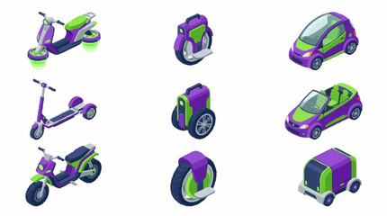 Collection of isometric electric vehicles including scooters, unicycles, and cars, showcasing modern urban transportation options. © Bunga