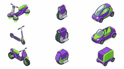 Collection of isometric electric vehicles including scooters, unicycles, and cars, representing modern urban transportation. © Bunga